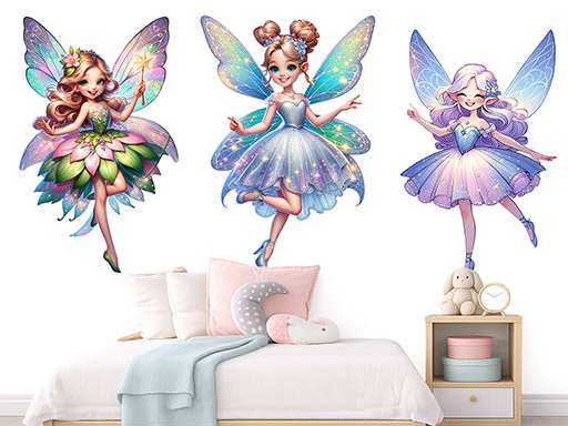 Veselé víly samolepky na zeď, Veselé víly nálepky na zeď pro děti, Veselé víly dětské dekorace na zeď, Veselé víly samolepící nálepky na zeď