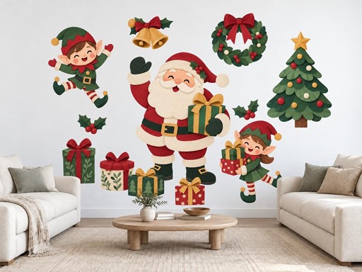 Veselý Santa se skřítky samolepky na zeď, Veselý Santa se skřítky tapety na zeď, Veselý Santa se skřítky dekorace na zeď, Veselý Santa se skřítky nálepky na zeď