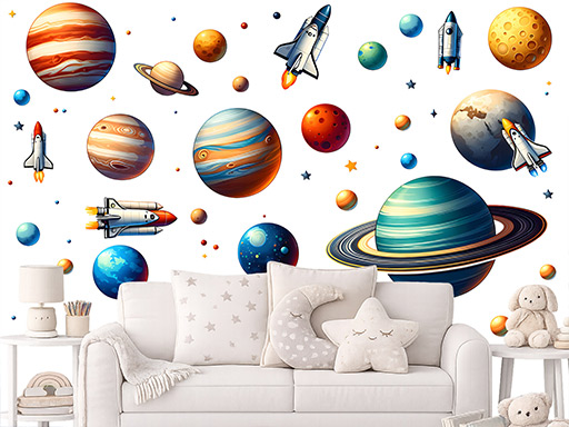Vesmírné raketky samolepky na zeď, Vesmírné raketky nálepky na zeď pro děti, Vesmírné raketky dětské dekorace na zeď, Vesmírné raketky samolepící nálepky na zeď