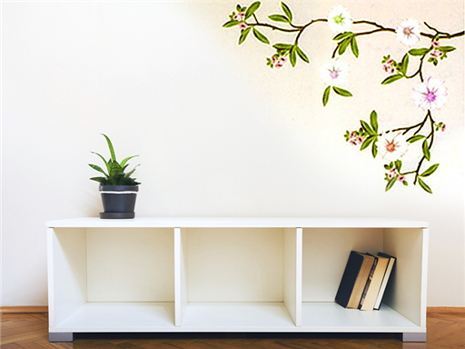 Větev s bílými květy samolepky na zeď, Větev s bílými květy nálepky na zeď, Větev s bílými květy dekorace na zeď, Větev s bílými květy samolepící nálepky na zeď