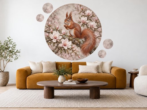 Veverka mezi květy magnolie samolepky na zeď, Veverka mezi květy magnolie tapety na zeď, Veverka mezi květy magnolie dekorace na zeď, Veverka mezi květy magnolie nálepky na zeď