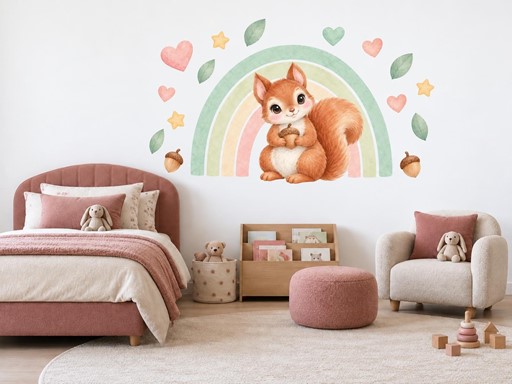 Veverka pod duhou samolepky na zeď, Veverka pod duhou tapety na zeď, Veverka pod duhou dekorace na zeď, Veverka pod duhou nálepky na zeď