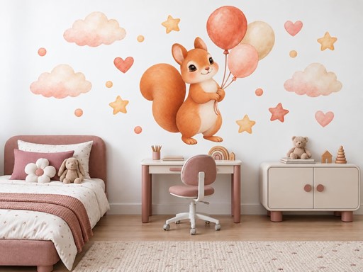 Veverka s balonky samolepky na zeď, Veverka s balonky tapety na zeď, Veverka s balonky dekorace na zeď, Veverka s balonky nálepky na zeď
