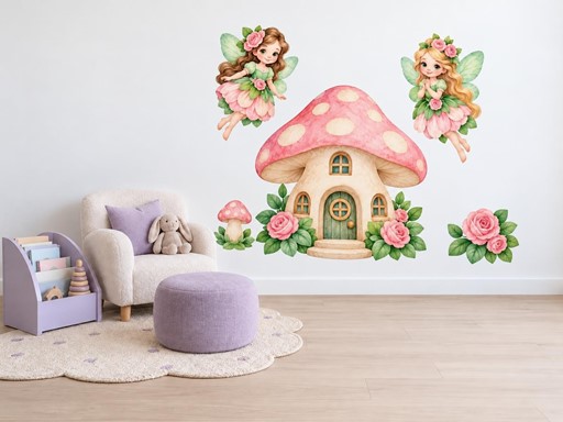 Víly u houbového domečku samolepky na zeď, Víly u houbového domečku tapety na zeď, Víly u houbového domečku dekorace na zeď, Víly u houbového domečku nálepky na zeď