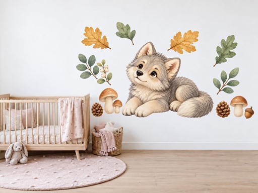 Vlček mezi hříbky a šiškami samolepky na zeď, Vlček mezi hříbky a šiškami tapety na zeď, Vlček mezi hříbky a šiškami dekorace na zeď, Vlček mezi hříbky a šiškami nálepky na zeď