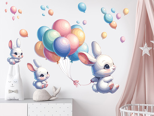 Zajíčci s balonky samolepka na zeď, Zajíčci s balonky nálepka na zeď, Zajíčci s balonky samolepící nálepka na zeď, Zajíčci s balonky samolepka na zeď pro děti