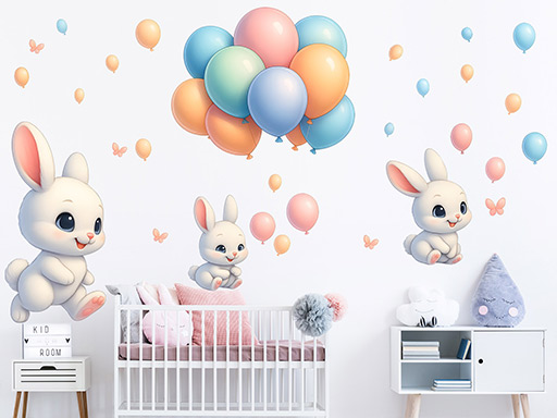 Zajíčci s balonky samolepka na zeď, Zajíčci s balonky nálepka na zeď, Zajíčci s balonky samolepící nálepka na zeď, Zajíčci s balonky samolepka na zeď pro děti