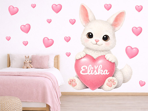 Bílý zajíček se srdíčkem a jménem dekorace na zeď samolepky na zeď, Zajíc se srdíčkem a jménem dekorace na zeď, Králík se srdíčkem a jménem samolepící dekorace na zdi, Zajíček se srdíčkem a jménem dekorace na zeď nálepky na stěnu