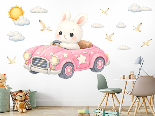 Zajíček v autíčku samolepky na zeď, Zajíc v autíčku nálepky na stěnu, Zajíček v autíčku dekorace na zdi, Zajda v autíčku tapety na zdi