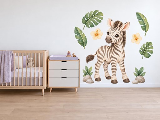 Zebřička mezi tropickými listy samolepky na zeď, Zebřička mezi tropickými listy tapety na zeď, Zebřička mezi tropickými listy dekorace na zeď, Zebřička mezi tropickými listy nálepky na zeď