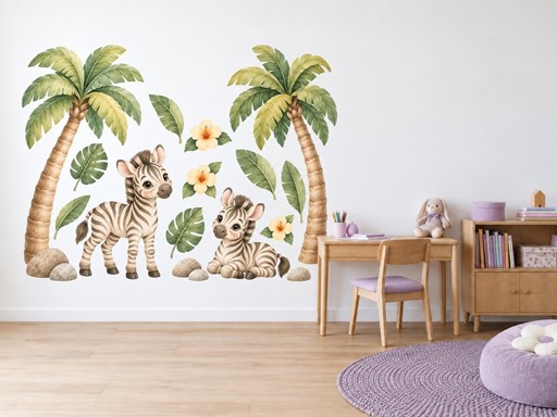 Zebřičky pod palmami samolepky na zeď, Zebřičky pod palmami tapety na zeď, Zebřičky pod palmami dekorace na zeď, Zebřičky pod palmami nálepky na zeď