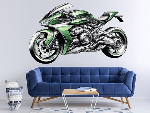 Zelená motorka samolepky na zeď, Zelená motorka nálepky na stěnu, Zelená motorka dekorace na zdi, Zelená motorka tapety na zdi