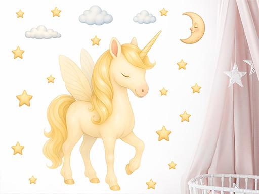 Magický jednorožec samolepky na zeď, Magický jednorožec dekorace na zeď, Magický jednorožec samolepící dekorace na zdi, Magický jednorožec nálepky na stěnu