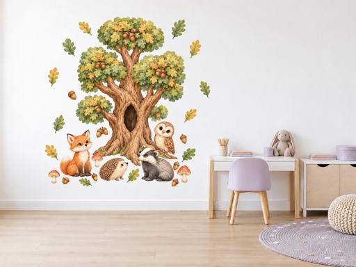 Zvířátka pod starým dubem samolepky na zeď, Zvířátka pod starým dubem tapety na zeď, Zvířátka pod starým dubem dekorace na zeď, Zvířátka pod starým dubem nálepky na zeď
