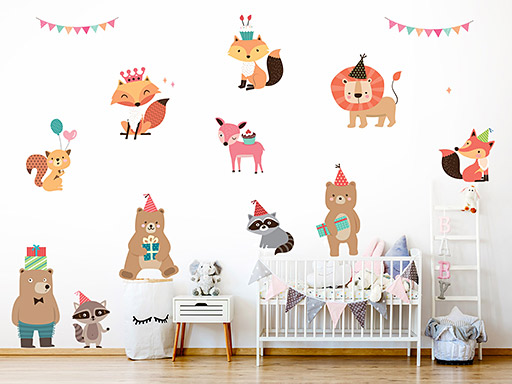 Zvířátka s dárečky samolepky na zeď, Zvířátka s dárečky nálepky na zeď, Zvířátka s dárečky pro děti dekorace na zeď, Zvířátka s dárečky samolepící nálepky na zeď