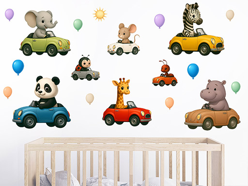 Zvířátka v autech samolepky na zeď, Zvířátka v autech nálepky na zeď, Zvířátka v autech dekorace na zeď, Zvířátka v autech samolepící nálepky na zeď