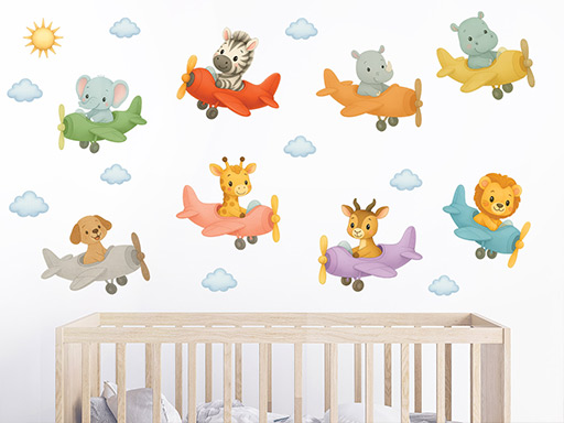 Zvířátka v letadlech samolepka na zeď, Zvířátka v letadlech nálepka na zeď, Zvířátka v letadlech dětská dekorace na zeď, Zvířátka v letadlech samolepící nálepka na zeď, Zvířátka v letadlech samolepka na zeď pro děti