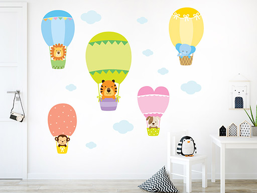 Zvířátka v létajících balonech samolepka na zeď, Zvířátka v létajících balonech nálepka na zeď, Zvířátka v létajících balonech dětská dekorace na zeď, Zvířátka v létajících balonech samolepící nálepka na zeď, Zvířátka v létajících balonech samolepka na zeď pro děti
