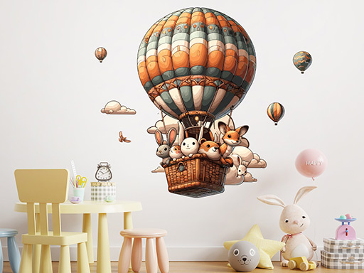 Zvířátka v létajícím balónu dětské samolepky na zeď, Zvířátka v létajícím balónu nálepky na zeď pro děti, Zvířátka v létajícím balónu dětské dekorace na zeď, Zvířátka v létajícím balónu samolepící nálepky na zeď