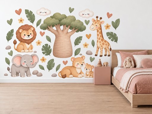 Zvířátka z Afriky u baobabu samolepky na zeď, Zvířátka z Afriky u baobabu tapety na zeď, Zvířátka z Afriky u baobabu dekorace na zeď, Zvířátka z Afriky u baobabu nálepky na zeď