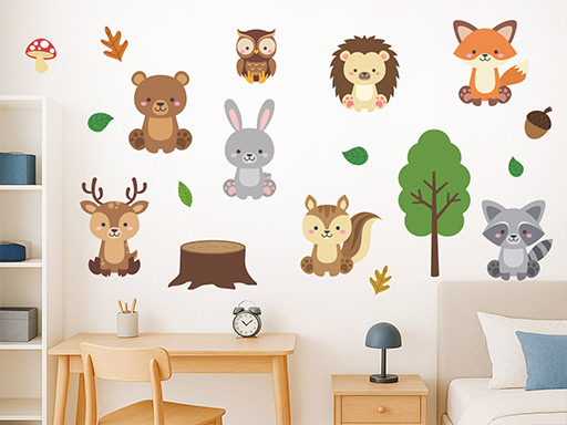 Zvířátka z lesa samolepky na zeď, Zvířátka z lesa nálepky na zeď pro děti, Zvířátka z lesa dětské dekorace na zeď, Zvířátka z lesa samolepící nálepky na zeď