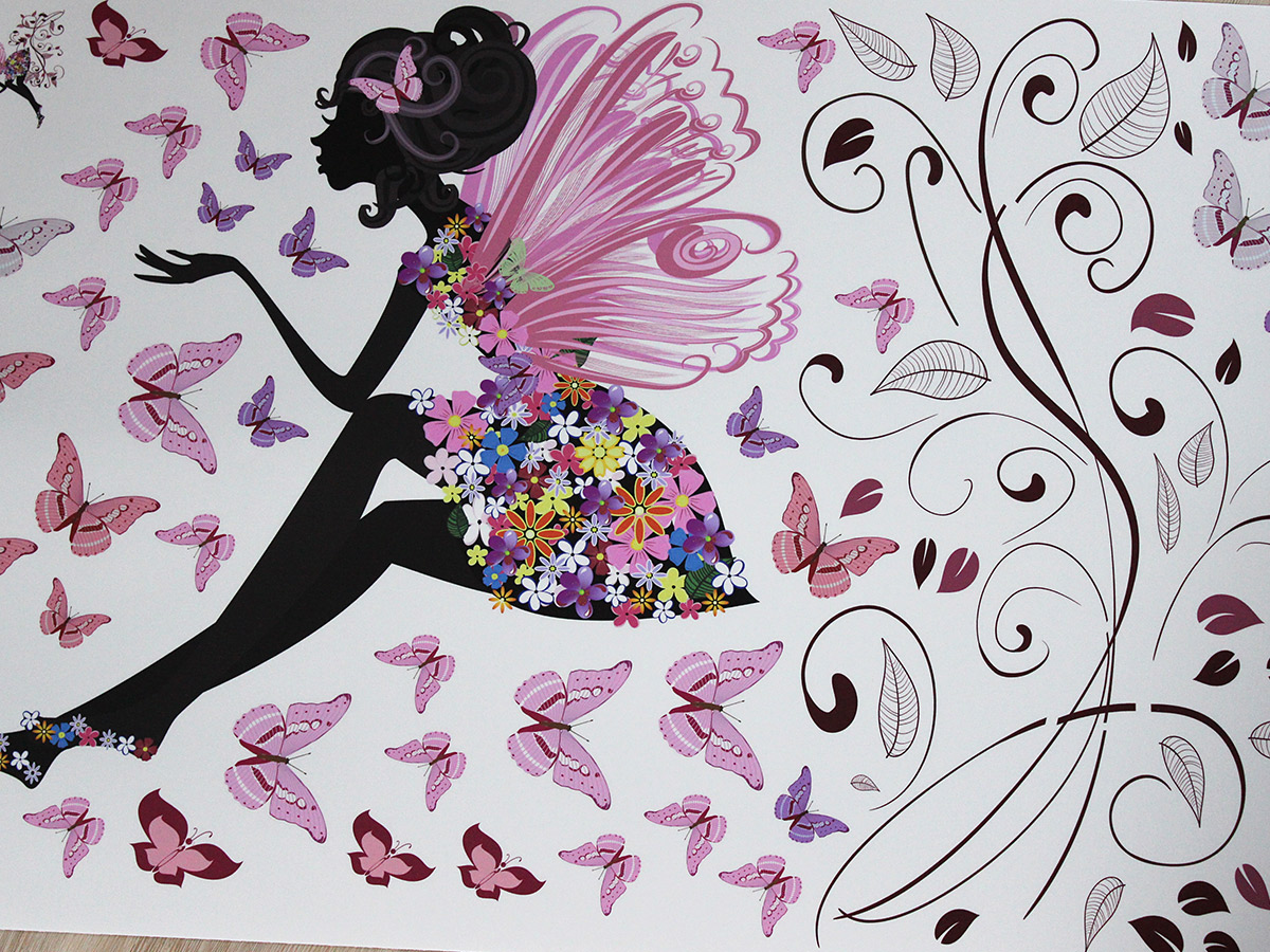 Dívka s motýlky samolepka na zeď, Dívka s motýlky nálepky na zeď, Dívka s motýlky dekorace na stěnu, Dívka s motýlky samolepící dekor na stěny, Dívka s motýlky samolepící tapety na zeď