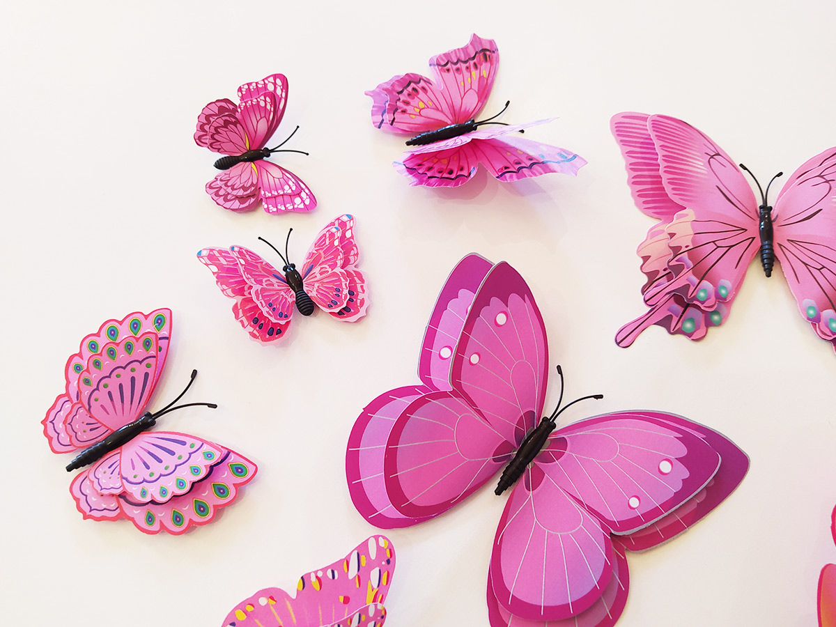 3D dekorace 3D motýli s dvojitými křídly růžoví, 3D samolepky na zeď 3D motýli s dvojitými křídly růžoví, 3D nálepky na zeď 3D motýli s dvojitými křídly růžoví, 3D dekorace na stěnu 3D motýli s dvojitými křídly růžoví