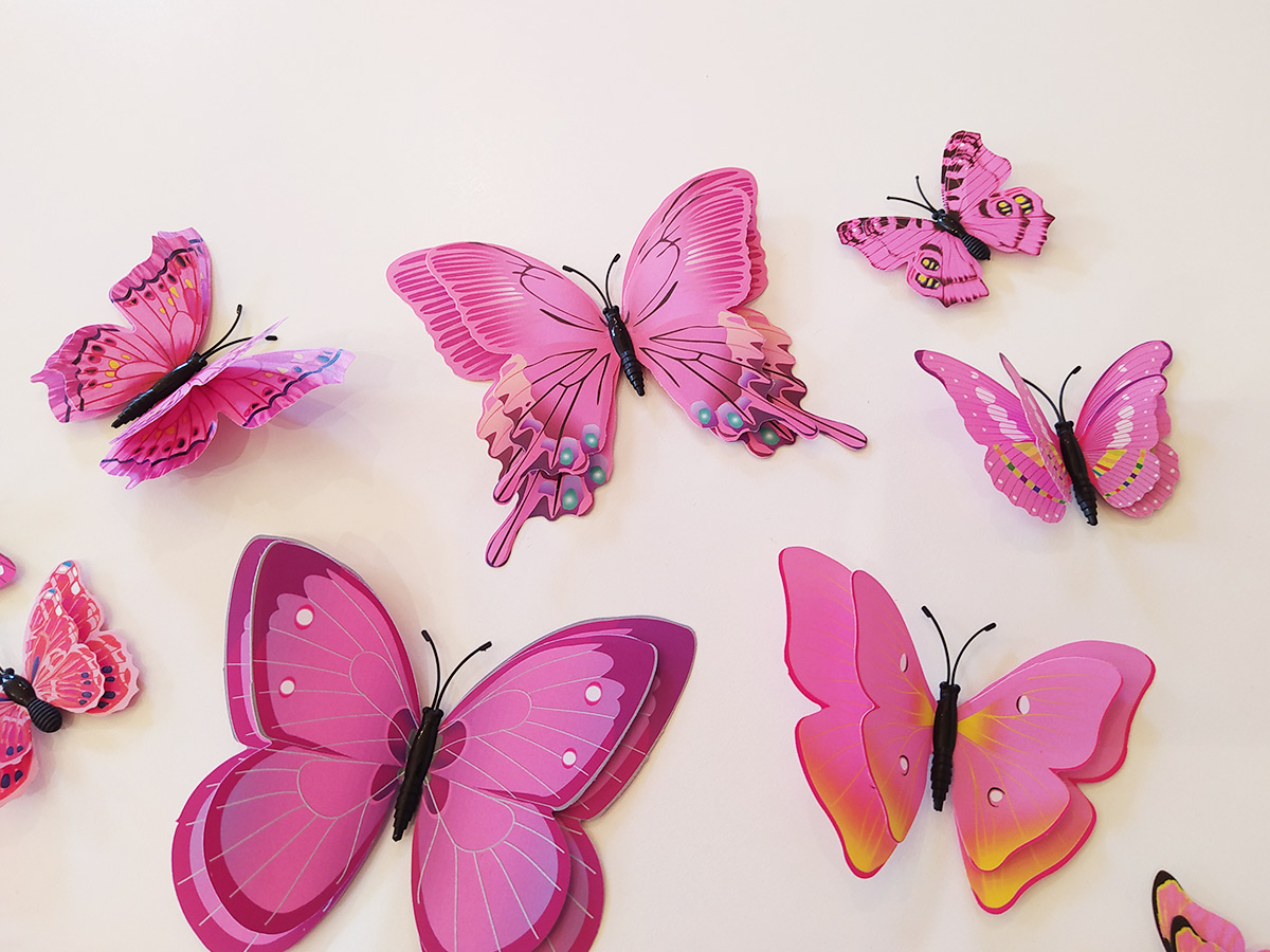 3D dekorace 3D motýli s dvojitými křídly růžoví, 3D samolepky na zeď 3D motýli s dvojitými křídly růžoví, 3D nálepky na zeď 3D motýli s dvojitými křídly růžoví, 3D dekorace na stěnu 3D motýli s dvojitými křídly růžoví