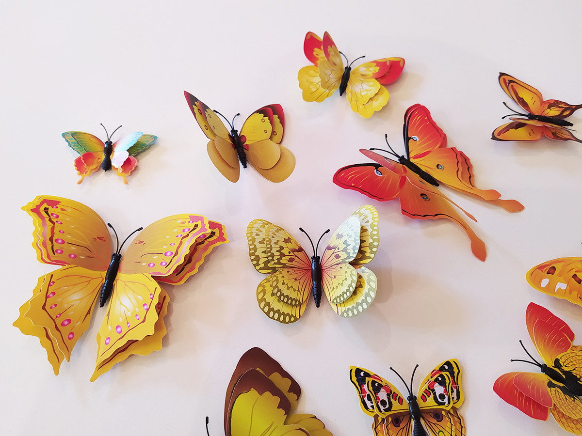 3D dekorace 3D motýli s dvojitými křídly žlutí, 3D samolepky na zeď 3D motýli s dvojitými křídly žlutí, 3D nálepky na zeď 3D motýli s dvojitými křídly žlutí, 3D dekorace na stěnu 3D motýli s dvojitými křídly žlutí