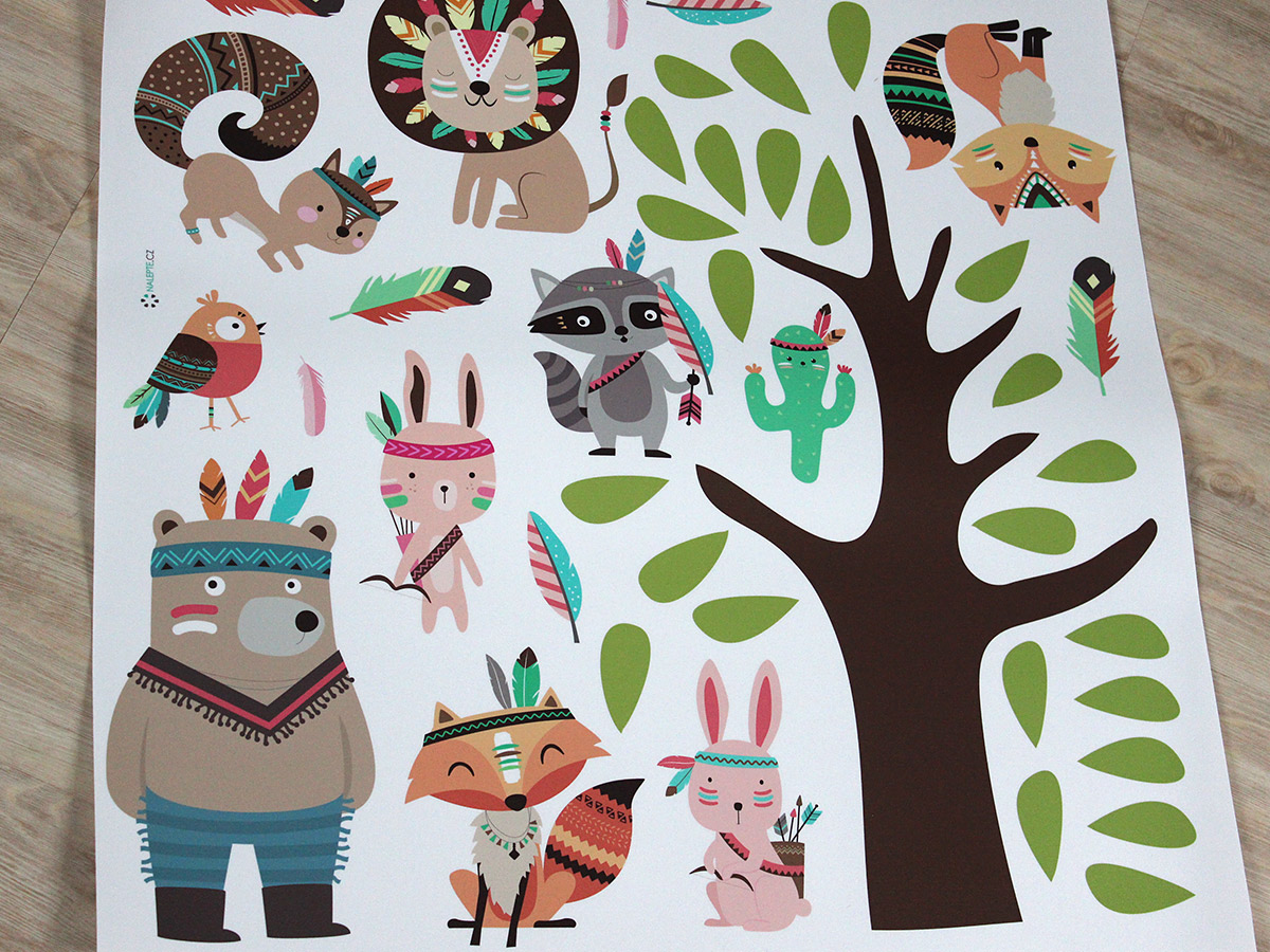 Strom a zvířátka indiáni samolepky na zeď, Strom a zvířátka indiáni nálepky na zeď, Strom a zvířátka indiáni dekorace na zeď, Strom a zvířátka indiáni samolepící nálepky na zeď