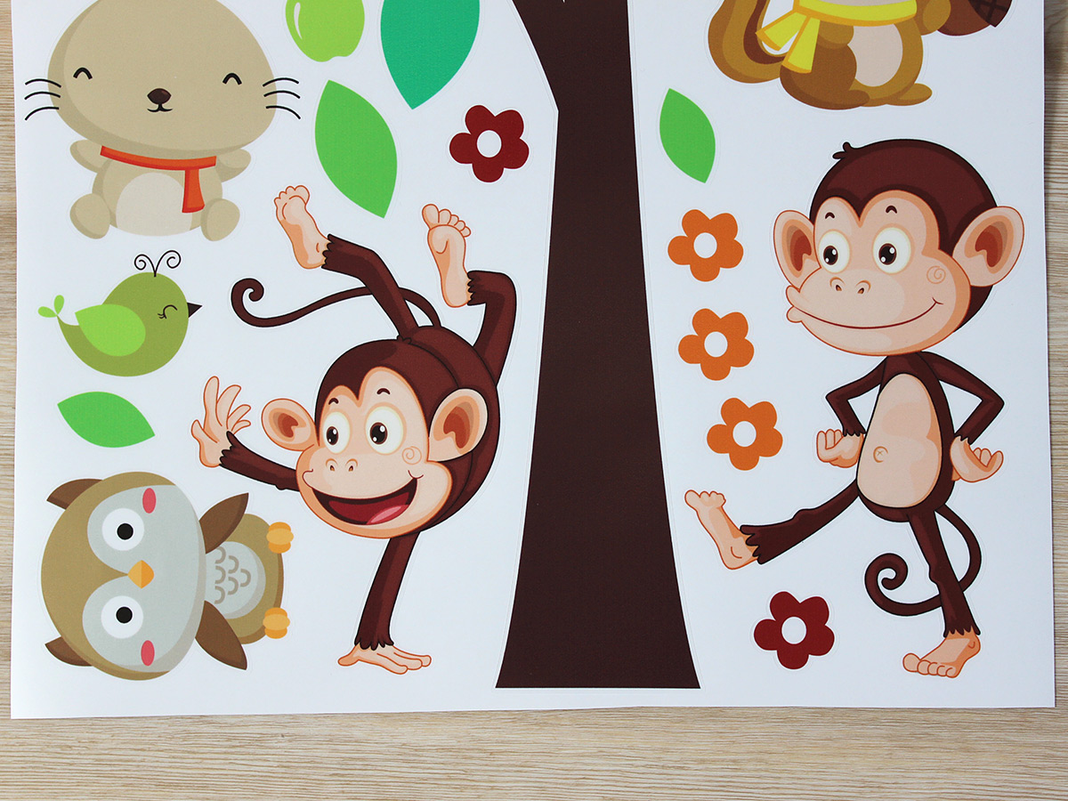 Strom s opičkami a zvířátky samolepky na zeď, Strom s opičkami a zvířátky nálepky na zeď, Strom s opičkami a zvířátky pro děti dekorace na zeď, Strom s opičkami a zvířátky samolepící nálepky na zeď, Strom s opičkami a zvířátky samolepky na zeď do dětského pokoje