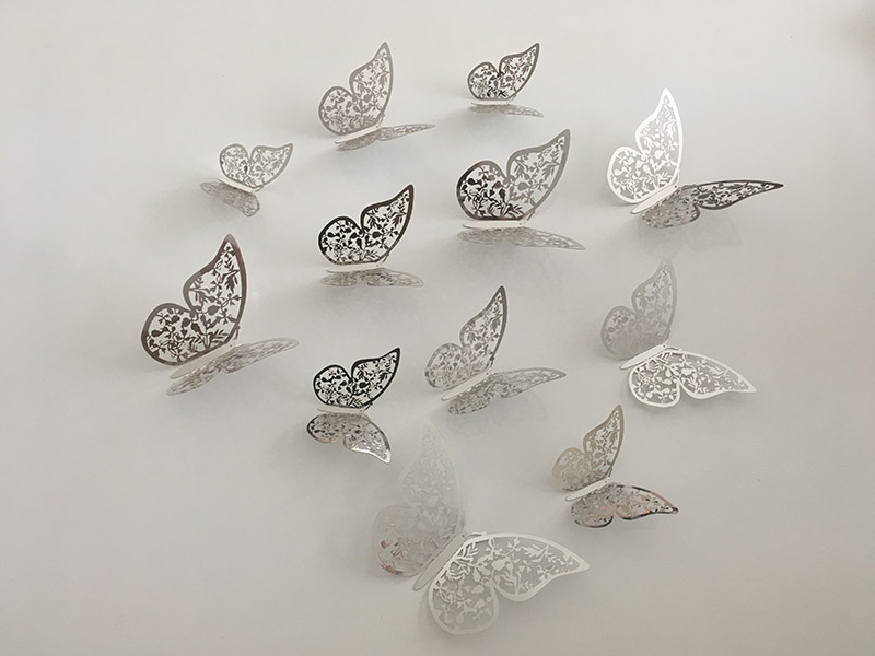 3D dekorace motýlci stříbrní, 3D samolepky na zeď motýli stříbrní, 3D nálepky na zeď motýlci stříbrní, 3D dekorace na stěnu motýlci stříbrní