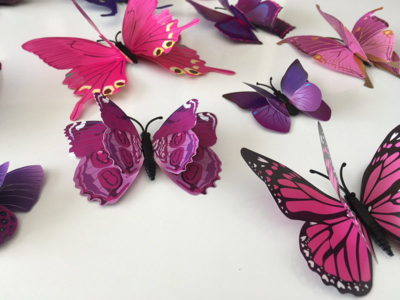 3D dekorace 3D motýli s dvojitými křídly růžoví fialoví, 3D samolepky na zeď 3D motýli s dvojitými křídly růžoví fialoví, 3D nálepky na zeď 3D motýli s dvojitými křídly růžoví fialoví, 3D dekorace na stěnu 3D motýli s dvojitými křídly růžoví fialoví, 3D motýli na lednici s dvojitými křídly růžoví fialoví