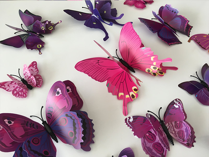 3D dekorace 3D motýli s dvojitými křídly růžoví fialoví, 3D samolepky na zeď 3D motýli s dvojitými křídly růžoví fialoví, 3D nálepky na zeď 3D motýli s dvojitými křídly růžoví fialoví, 3D dekorace na stěnu 3D motýli s dvojitými křídly růžoví fialoví, 3D motýli na lednici s dvojitými křídly růžoví fialoví