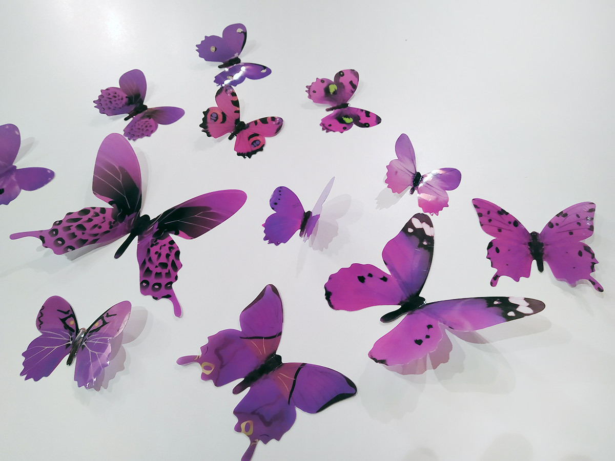 3D dekorace motýli fialoví, 3D samolepky na zeď motýli fialová, 3D nálepky na zeď motýlci fialová, 3D dekorace na stěnu motýlci fialová