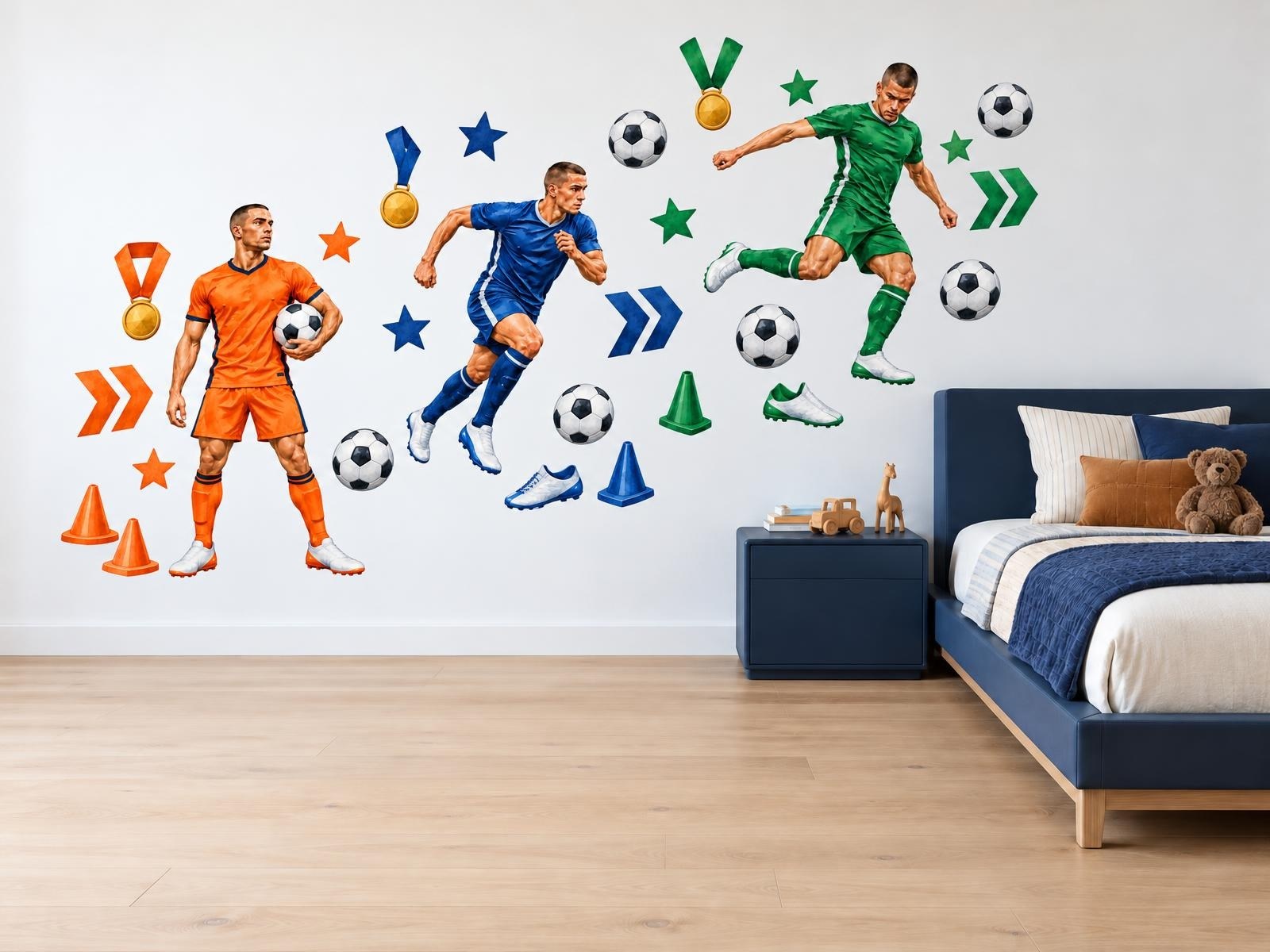Tři fotbalisté v akci samolepky na zeď, Tři fotbalisté v akci tapety na zeď, Tři fotbalisté v akci dekorace na zeď, Tři fotbalisté v akci nálepky na zeď
