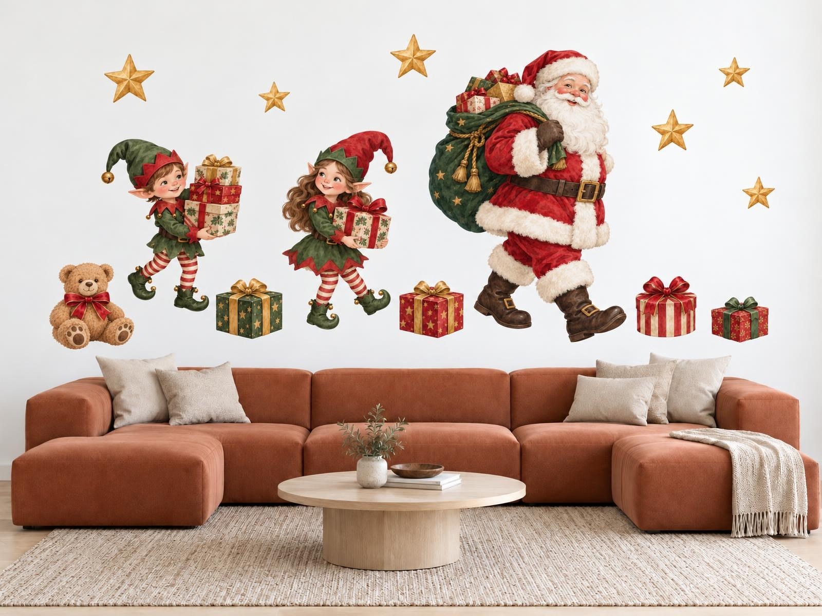 Santa s pytlem dárků a skřítky samolepky na zeď, Santa s pytlem dárků a skřítky tapety na zeď, Santa s pytlem dárků a skřítky dekorace na zeď, Santa s pytlem dárků a skřítky nálepky na zeď