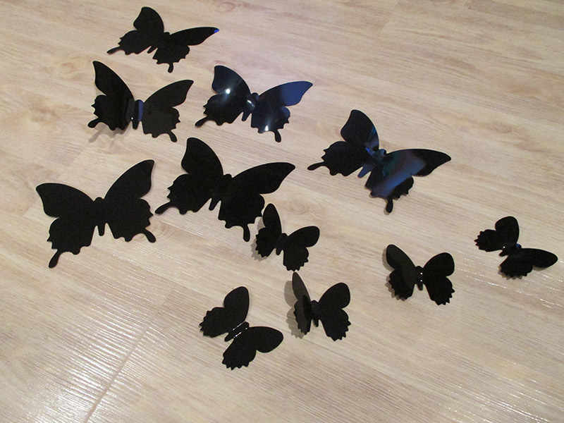 3D dekorace motýli černá, 3D samolepky na zeď motýli černá, 3D nálepky na zeď motýlci černá, 3D dekorace na stěnu motýlci černá
