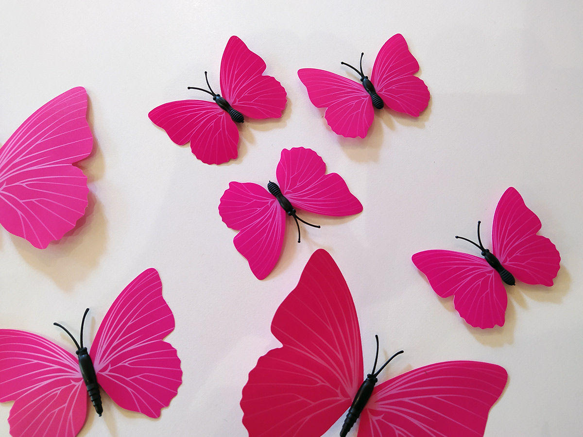3D dekorace motýli růžová, 3D samolepky na zeď motýli růžová, 3D nálepky na zeď motýlci růžová, 3D dekorace na stěnu motýlci růžová