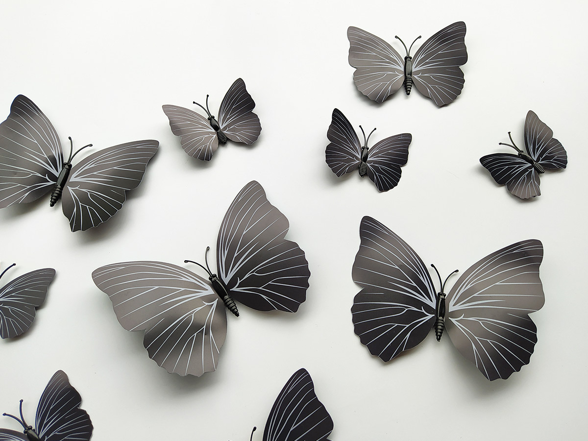 3D dekorace motýli černí se vzorkem, 3D samolepky na zeď motýli černí se vzorkem, 3D nálepky na zeď motýlci černí se vzorkem, 3D dekorace na stěnu motýlci černí se vzorkem