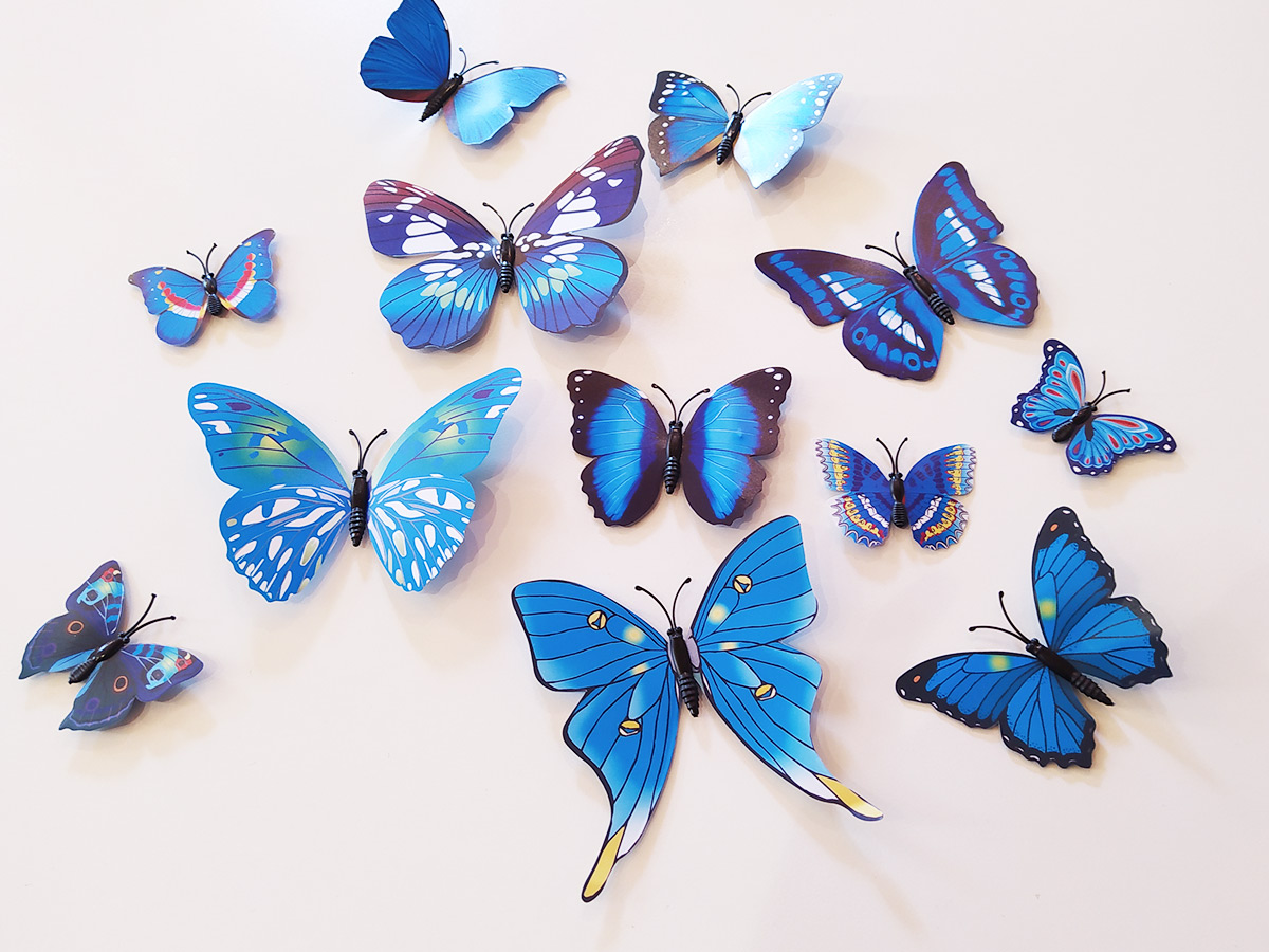 3D dekorace motýli modří, 3D samolepky na zeď motýli modrá, 3D nálepky na zeď motýlci modří, 3D dekorace na stěnu motýlci modrá