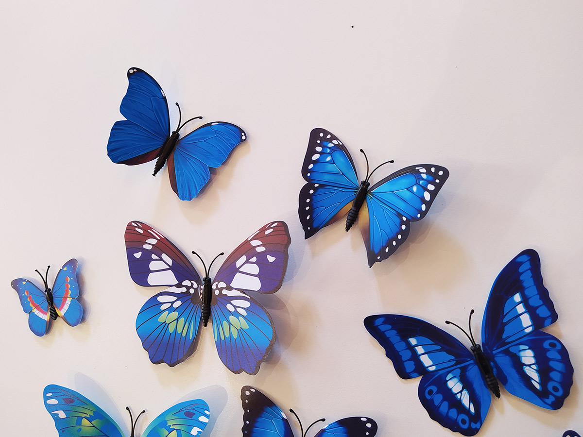 3D dekorace motýli modří, 3D samolepky na zeď motýli modrá, 3D nálepky na zeď motýlci modří, 3D dekorace na stěnu motýlci modrá