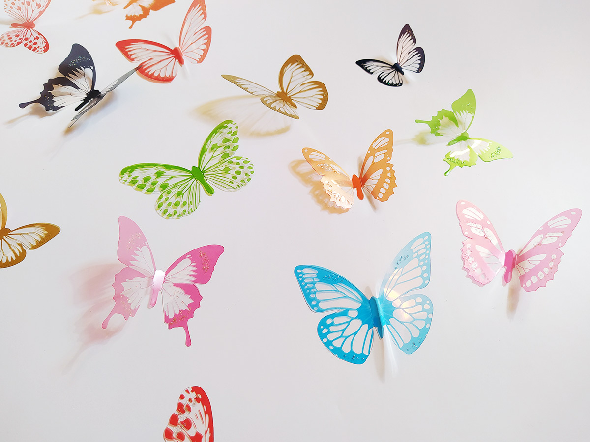 3D dekorace motýlci barevní, 3D samolepky na zeď motýli barevní, 3D nálepky na zeď motýlci barevní, 3D dekorace na stěnu motýlci barevní