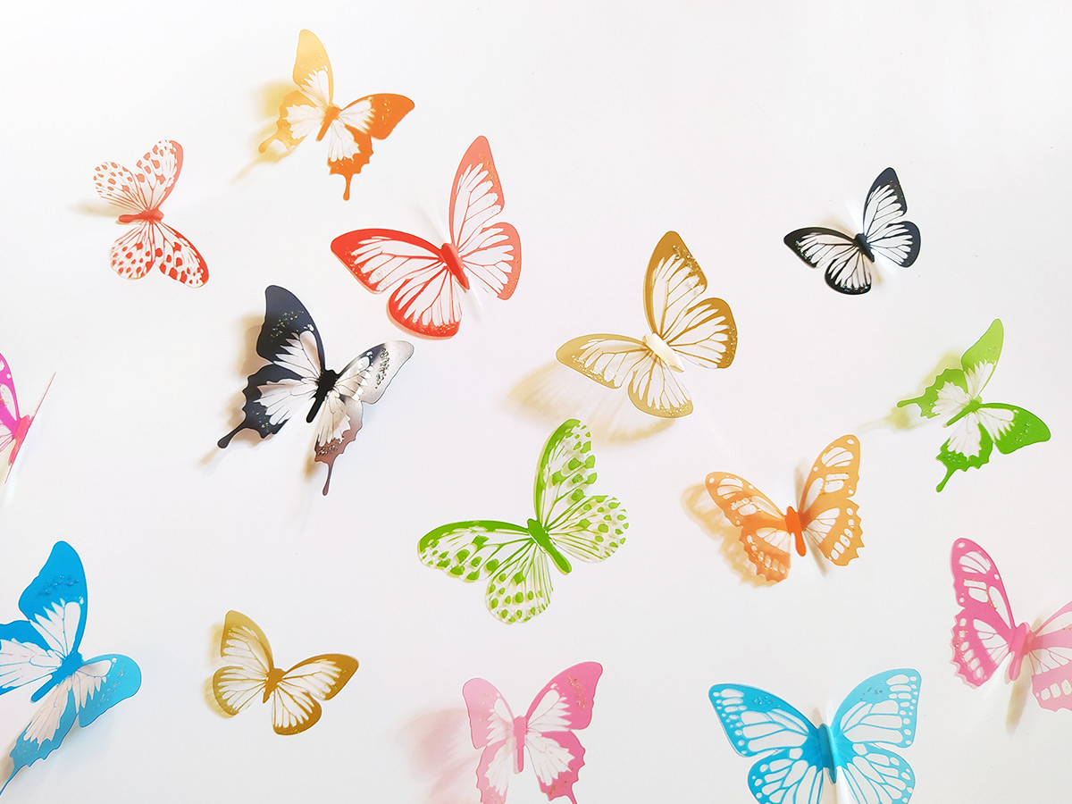 3D dekorace motýlci barevní, 3D samolepky na zeď motýli barevní, 3D nálepky na zeď motýlci barevní, 3D dekorace na stěnu motýlci barevní