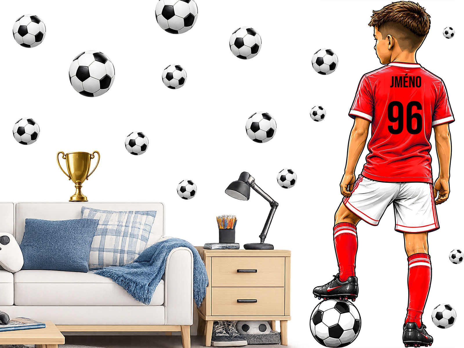 Malý fotbalista dres jméno na přání samolepky na zeď, Malý fotbalista dres jméno na přání nálepky na zeď, Malý fotbalista dres jméno na přání dekorace na zeď, Malý fotbalista dres jméno na přání samolepící nálepky na zeď