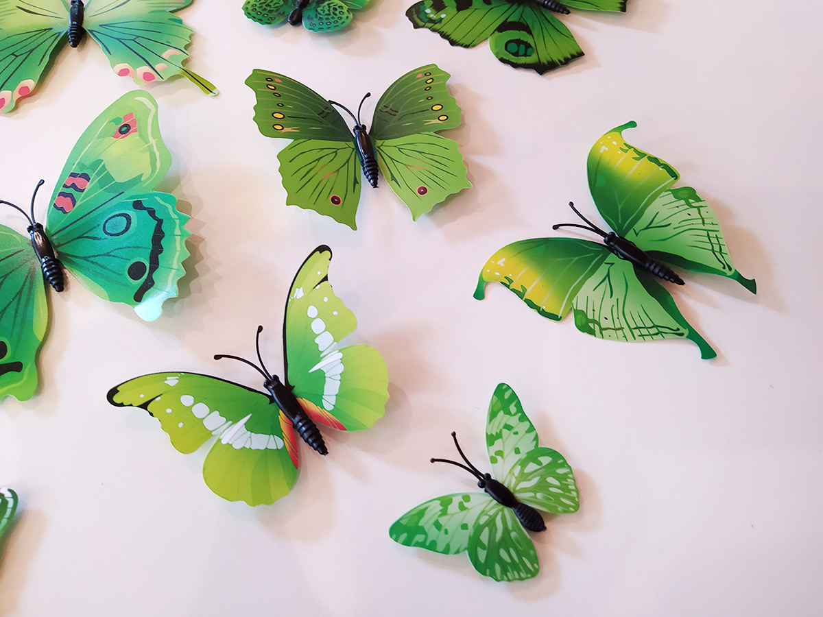 3D dekorace motýli zelení, 3D samolepky na zeď motýli zelení, 3D nálepky na zeď motýlci zelení, 3D dekorace na stěnu motýlci zelení