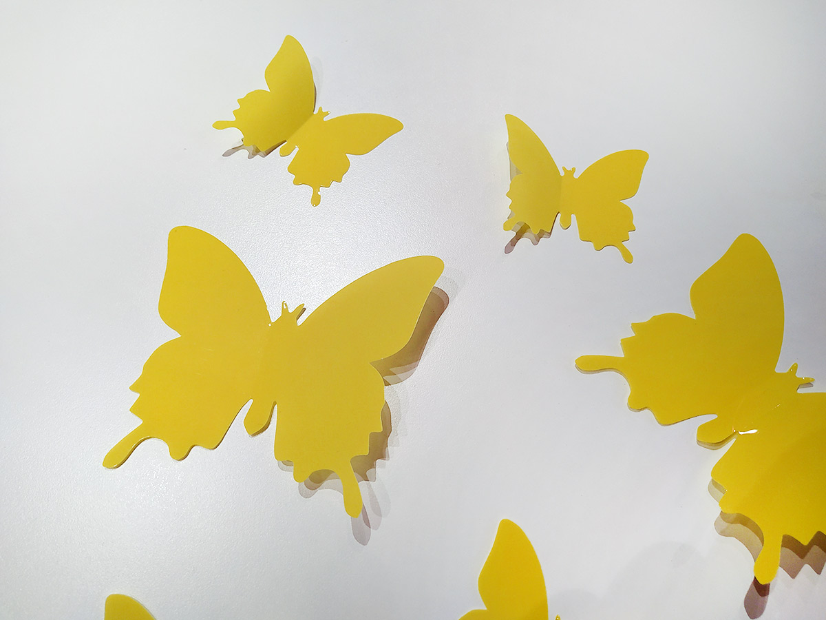 3D dekorace motýli žlutá, 3D samolepky na zeď motýli žlutí, 3D nálepky na zeď motýlci žlutá, 3D dekorace na stěnu motýlci žlutí