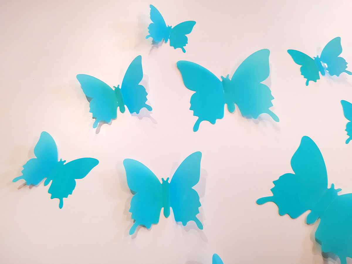 3D dekorace motýli světle modrá, 3D samolepky na zeď motýli světle modrá, 3D nálepky na zeď motýlci světle modrá, 3D dekorace na stěnu motýlci světle modrá