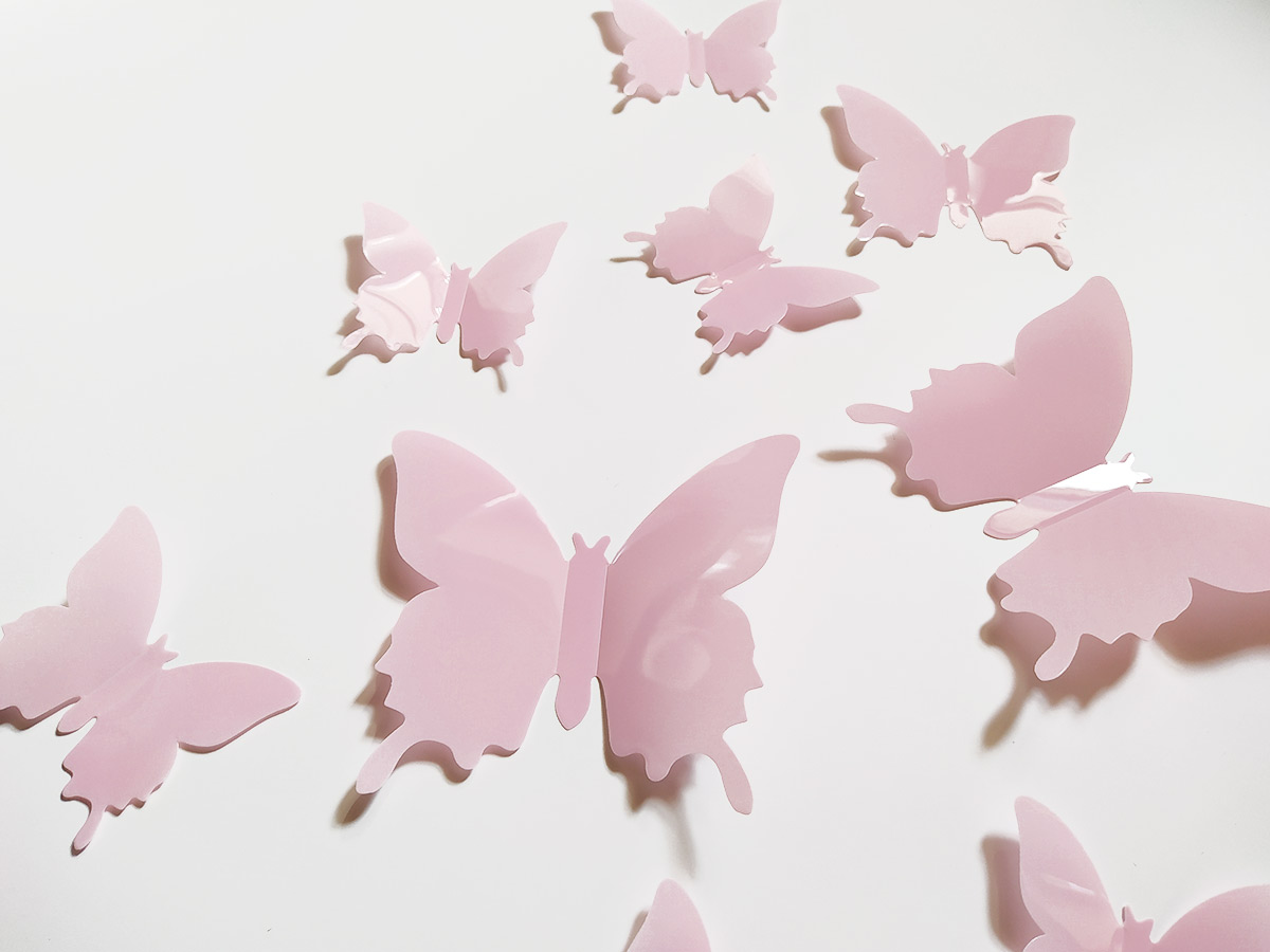 3D dekorace motýli světle růžová, 3D samolepky na zeď motýli světle růžová, 3D nálepky na zeď motýlci světle růžová, 3D dekorace na stěnu motýlci světle růžová
