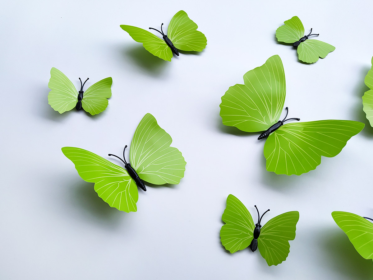 3D dekorace motýli zelení se vzorkem, 3D samolepky na zeď motýli zelení se vzorkem, 3D nálepky na zeď motýlci zelení se vzorkem, 3D dekorace na stěnu motýlci zelení se vzorkem